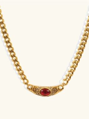 Gold Chain Necklace with Red Stone Accent